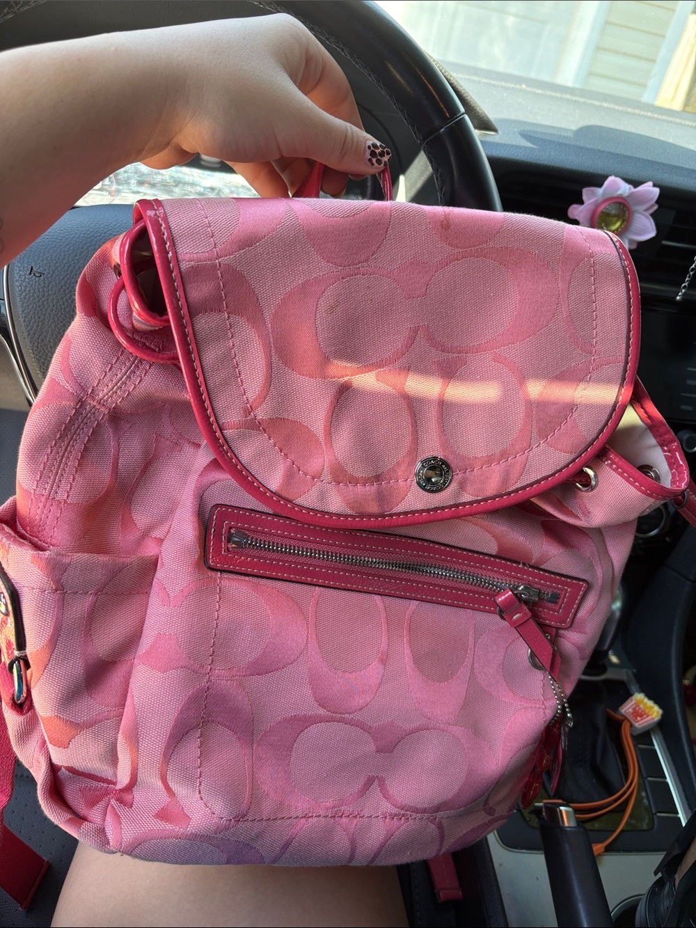 Coach Pink Signature Drawstring Backpack with Front Zip Pocket and Keychains